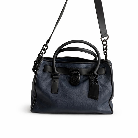 Michael Kors Handbags - Michael Kors Navy & Black Leather Satchel With Chain Strap And Dust Bag